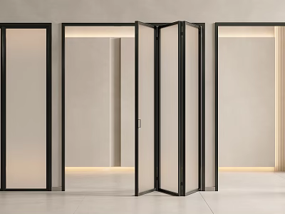 Modern Folding Doors With Black Frame Glass Panels For Open Interior Space Lighting 3d model