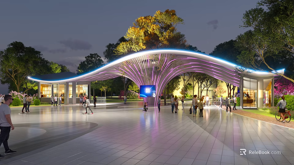 Modern Entrance Gate With Wave Shaped Curved Design Purple Lighting Trees And People Walking 3d model 