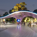 Modern Entrance Gate With Wave Shaped Curved Design Purple Lighting Trees And People Walking