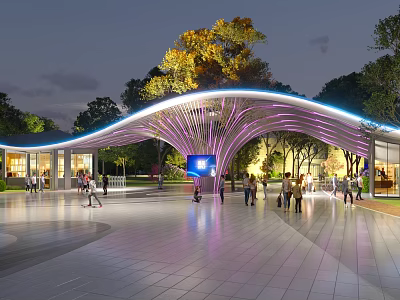 Modern Entrance Gate With Wave Shaped Curved Design Purple Lighting Trees And People Walking 3d model