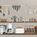 Organized Kitchen Storage Display With Hanging Utensils Knives Jars Coffee Maker Toaster And Fresh Vegetables
