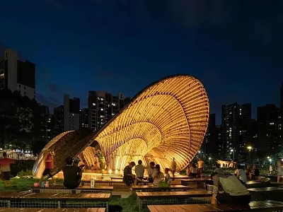 Illuminated Curved Wooden Pergola in Urban Night with People Gathering 3d model