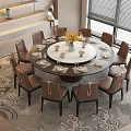 Modern Round Dining Table Set with Chairs Tableware Floral Vase and Patterned Rug 3d model