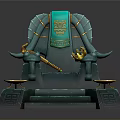 Ornate Teal Throne With Golden Bull Horn Armrests Steps And Decorative Bowls
