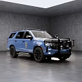 Blue Police SUV With Black Wheels Front Guard And Badge In Gray Indoor Space