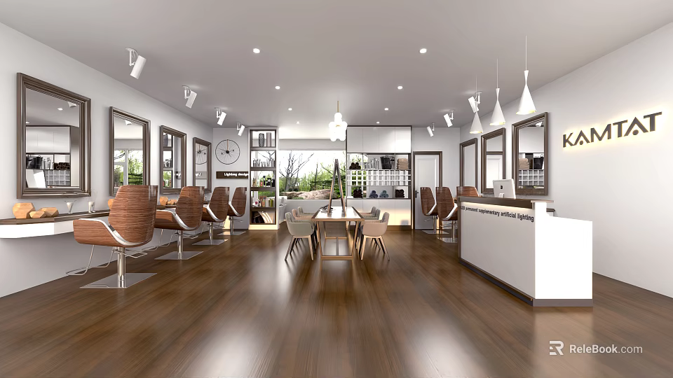 Modern Hair Salon Interior With Styling Chairs Mirrors Wooden Floor Pendant Lights And Reception Desk 3d model 