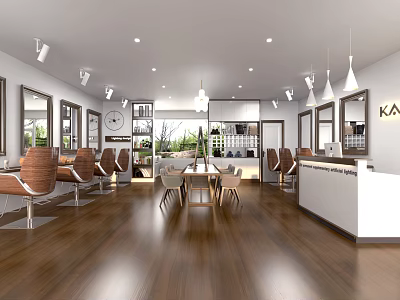 Modern Hair Salon Interior With Styling Chairs Mirrors Wooden Floor Pendant Lights And Reception Desk 3d model
