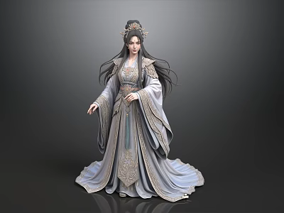 Woman in Ancient Style Traditional Chinese Robe With Intricate Hair Accessories And Flowing Dress 3d model