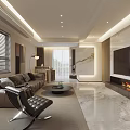 Modern Living and Dining Room Interior with TV Wall Fireplace Sofa and Marble Floor