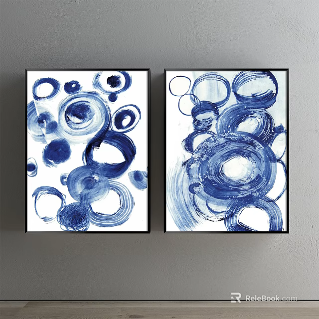 Abstract Paintings With Blue And White Circular Patterns In Black Frames On Wall 3d model