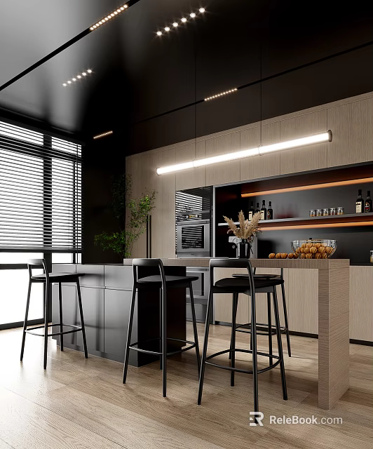 Modern Restaurant Kitchen With Open Design Black Cabinets Wooden Bar Stools And Pendant Lights 3d model 