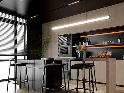 Modern Restaurant Kitchen With Open Design Black Cabinets Wooden Bar Stools And Pendant Lights 3d model