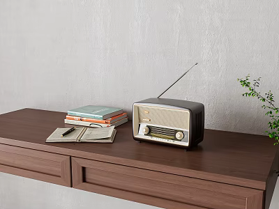 Vintage Retro Radio Speaker on Wooden Table with Books Pen and Green Plant 3d model