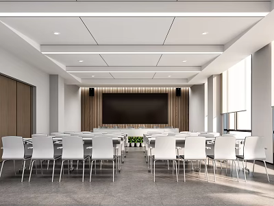 Modern Conference Room With White Chairs Long Table Large Screen Wooden Wall And Large Windows 3d model