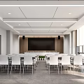 Modern Conference Room With White Chairs Long Table Large Screen Wooden Wall And Large Windows