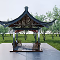 Chinese Style Wooden Pavilion With Traditional Roof And Benches In Grassland Surrounded By Trees