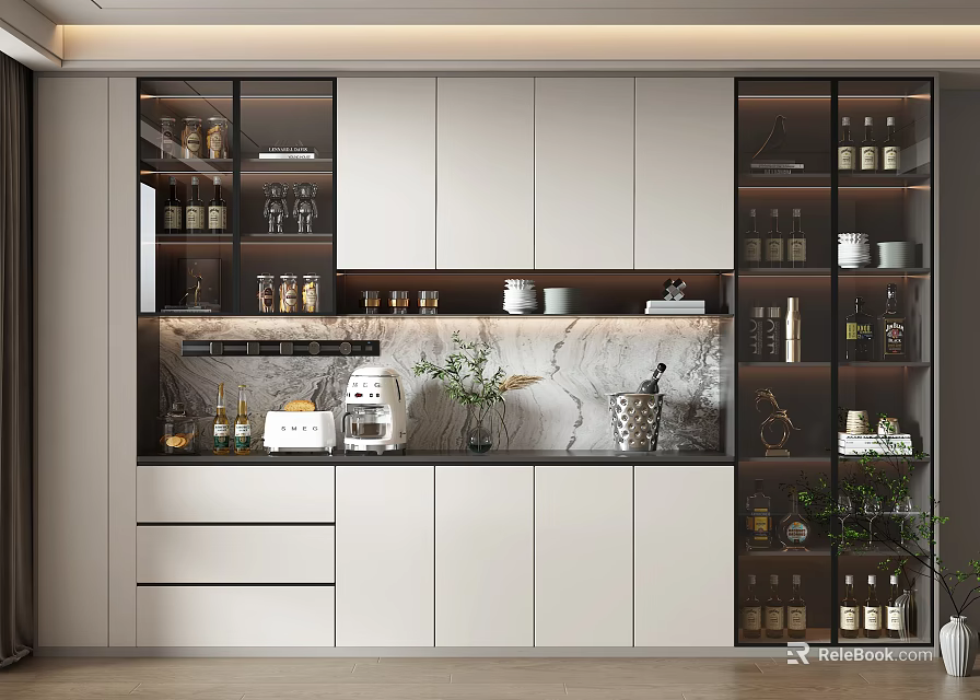 Modern Wine Cabinet With White Cabinets Marble Countertop Wine Bottles Glassware And Green Plants 3d model 