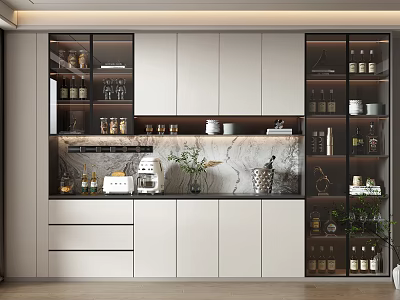 Modern Wine Cabinet With White Cabinets Marble Countertop Wine Bottles Glassware And Green Plants 3d model