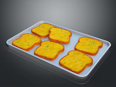 Golden Toast Slices With Yellow Spread And Green Herbs On White Tray 3d model