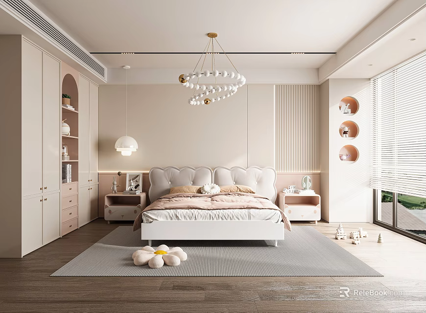Cozy Kids Room Interior With White Bed Stuffed Toys And Wooden Bookshelf Decor 3d model 