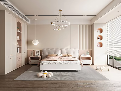 Cozy Kids Room Interior With White Bed Stuffed Toys And Wooden Bookshelf Decor 3d model