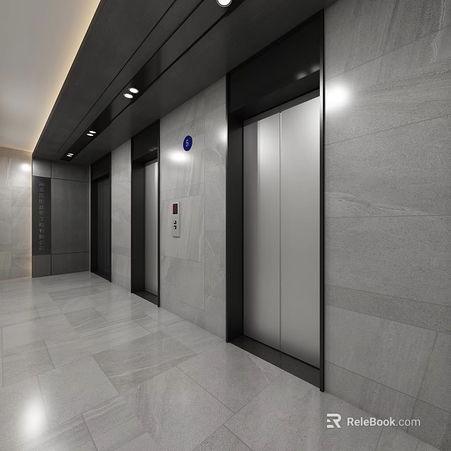 Sleek Modern Elevator Lobby With Gray Stone Walls Flooring And Lighting 3d model
