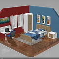Red Blue Walls Room Interior With Wooden Bed Desk Chair And Artwork
