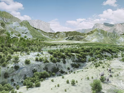 Cartoon Landscape With Mountains Greenery Sandy Area And Animals 3d model