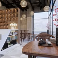 Modern Milk Tea Shop Interior With Hanging Lights Wooden Tables And Decorative Shelves