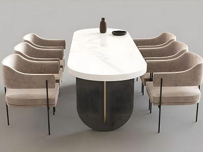 Modern Dining Table Set With Oval White Marble Top Dark Base And Light Gray Upholstered Armchairs 3d model