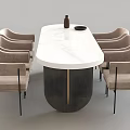 Modern Dining Table Set With Oval White Marble Top Dark Base And Light Gray Upholstered Armchairs
