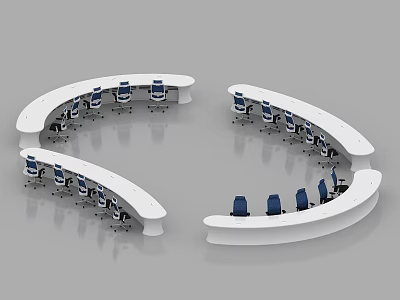 Monitoring Room With Curved Control Consoles Multiple Screens And Blue Office Chairs 3d model