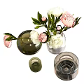 Decorative Glass Vases With Pink And White Peonies And Fresh Green Leaves