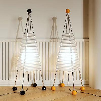 Modern Floor Lamps With White Striped Shades And Black Orange Base In Modern Interior 3d model