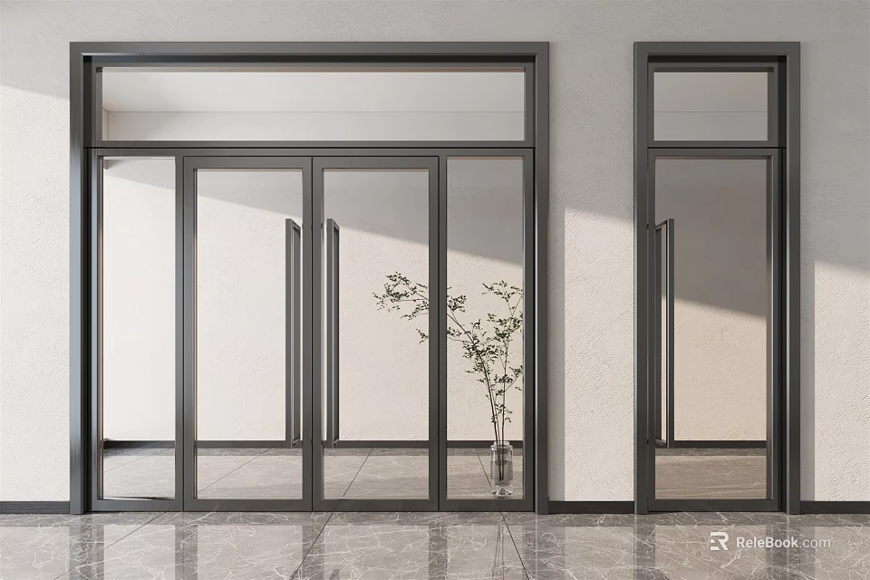 Black Framed Glass Doors In Modern Interior With Marble Floor And Potted Plant 3d model 