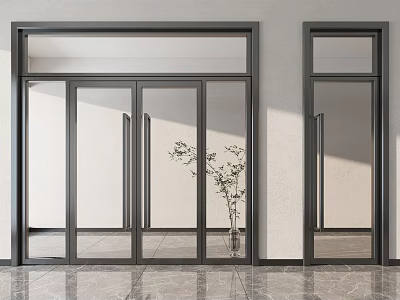Black Framed Glass Doors In Modern Interior With Marble Floor And Potted Plant 3d model
