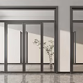 Black Framed Glass Doors In Modern Interior With Marble Floor And Potted Plant