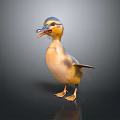 3D Yellow Duck Model With Orange Beak Black Eyes Standing On Black Surface Gray Background