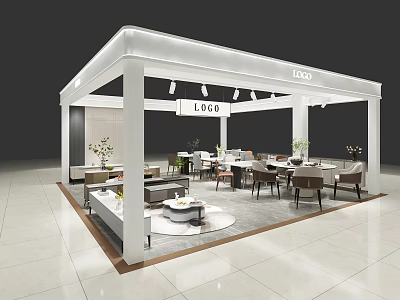 Modern LIGO Exhibition Booth Interior With Tables Chairs Plants And White Design 3d model