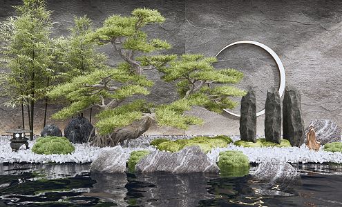 New Chinese style landscape sketch dry landscape courtyard landscape sketch stone pine tree bamboo sketch bryophytes 3d model