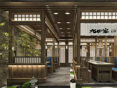 Japanese Style Hotpot Restaurant Interior With Wooden Decor Lanterns And Green Plants 3d model