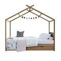 Wooden Kids Bed With House Roof Frame Star Decorations And Storage Drawers