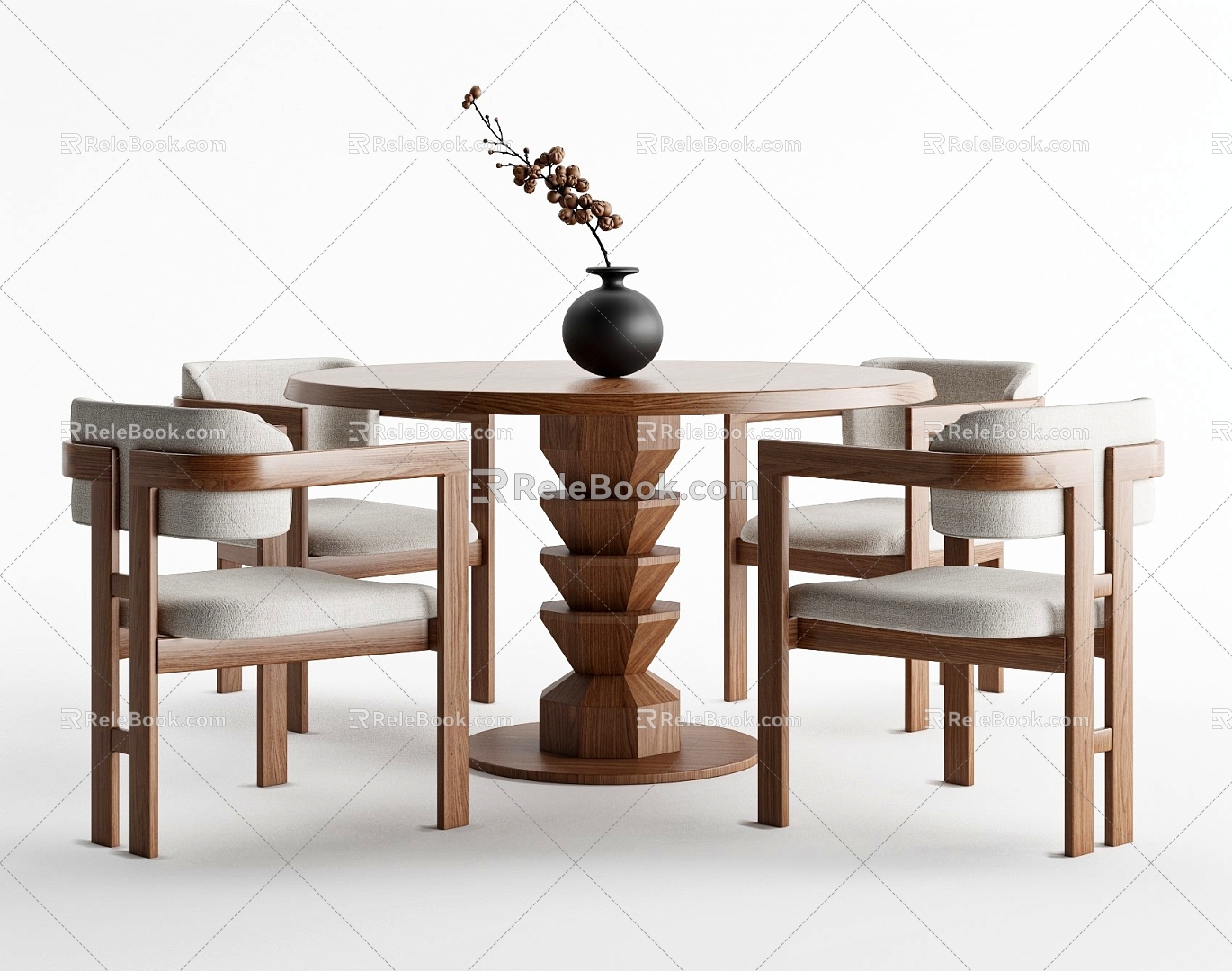 Quiet style dining table and chair combination round dining table dining chair log dining table and chair ornaments 3d model