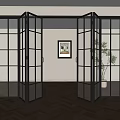Glass Folding Doors with Black Frame in Modern Interior Space with Wooden Floor