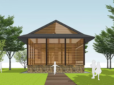 Modern Wooden Cabin With Glass Walls Stone Base Green Lawn And People Silhouettes 3d model