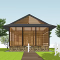 Modern Wooden Cabin With Glass Walls Stone Base Green Lawn And People Silhouettes