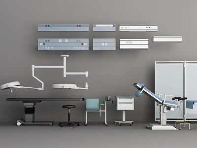 Essential Medical Devices Featuring Wall Mounted Surgical Lights Instrument Cabinets Operating Tables Chairs And Trolleys 3d model
