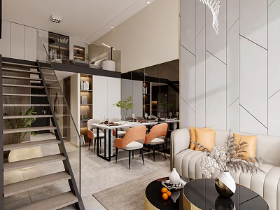 Modern Loft Apartment Interior With Stairs Living Dining Area 3d model