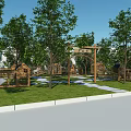 Traditional Garden Landscape with Wooden Arched Gateway Stone Path Lawn Trees and Small Cottages