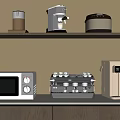 Modern Kitchen Shelf And Countertop With Espresso Machine Microwave Toaster And Appliances